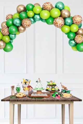 Safari Tema Doğum Günü Balon Zinciri Lüks Krom Yeşil Gold Zürafa Desen Balon 47 Parça