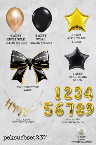 Siyah Gold Tema Fiyonk Yıldız Balonlu Bannerlı Doğum Günü Balon Seti