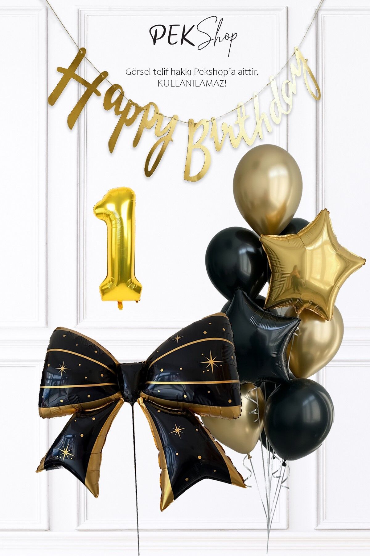 Siyah Gold Tema Fiyonk Yıldız Balonlu Bannerlı Doğum Günü Balon Seti