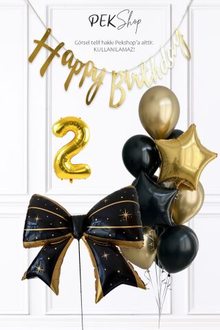 Siyah Gold Tema Fiyonk Yıldız Balonlu Bannerlı Doğum Günü Balon Seti