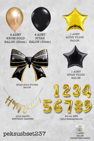 Siyah Gold Tema Fiyonk Yıldız Balonlu Bannerlı Doğum Günü Balon Seti