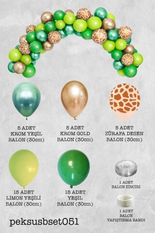 Safari Tema Doğum Günü Balon Zinciri Lüks Krom Yeşil Gold Zürafa Desen Balon 47 Parça