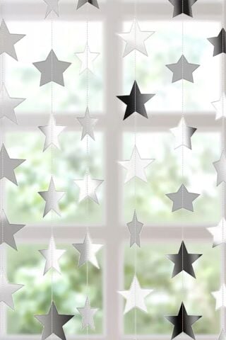 Gümüş Yıldız Asmalı Tavan Süslemeleri İpli Sarkıt Süs Gümüş Yıldız 4 Metre