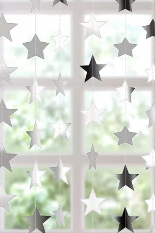 Gümüş Yıldız Asmalı Tavan Süslemeleri İpli Sarkıt Süs Gümüş Yıldız 4 Metre