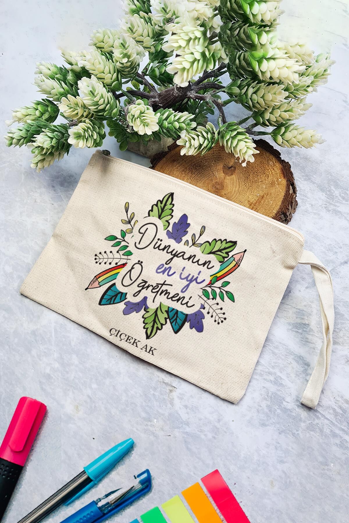 İsme Özel Baskılı Öğretmenler Günü Hediyesi Clutch Çanta Çiçekli