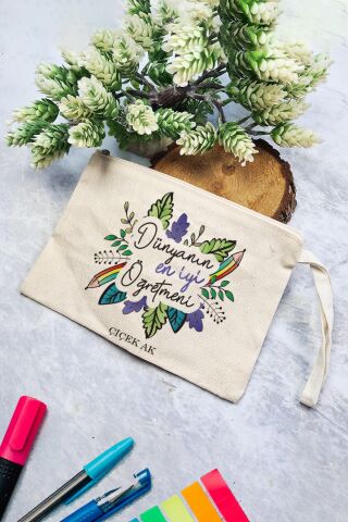 İsme Özel Baskılı Öğretmenler Günü Hediyesi Clutch Çanta Çiçekli