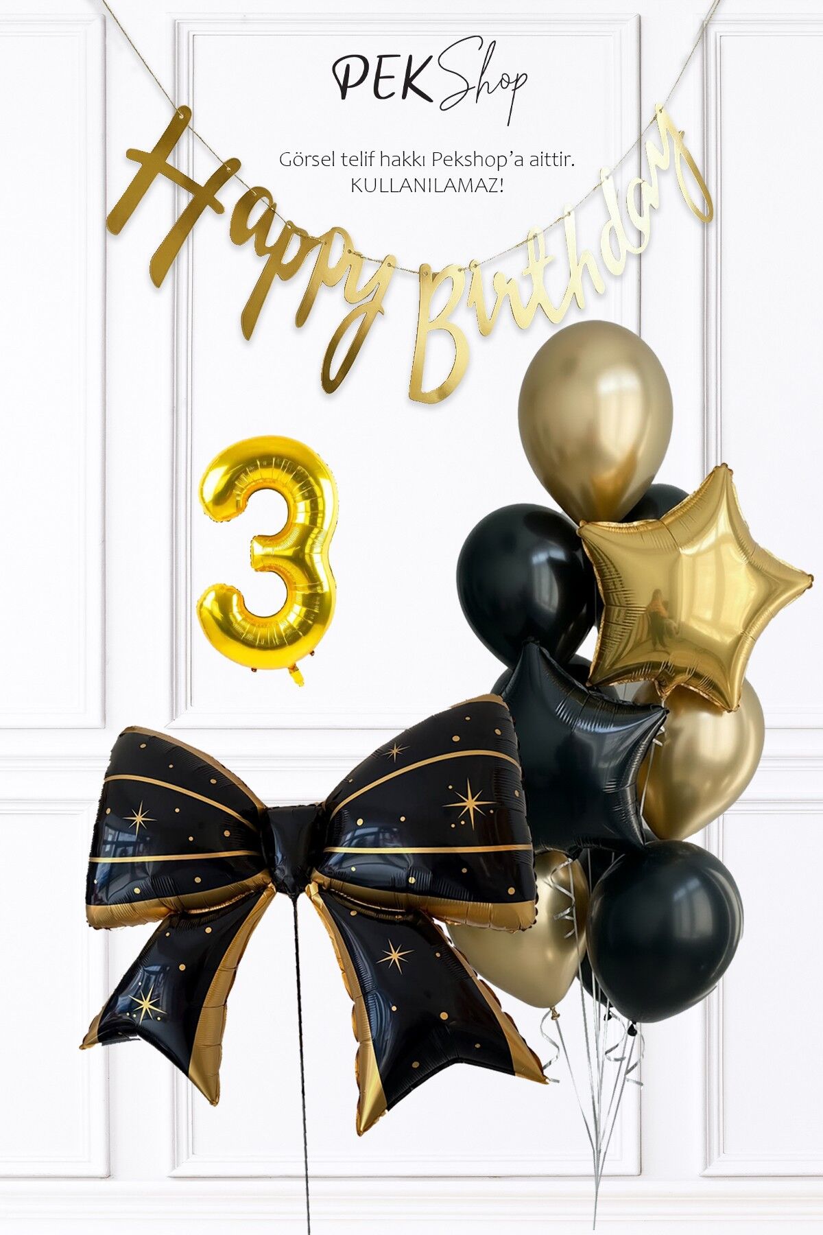 Siyah Gold Tema Fiyonk Yıldız Balonlu Bannerlı Doğum Günü Balon Seti 3