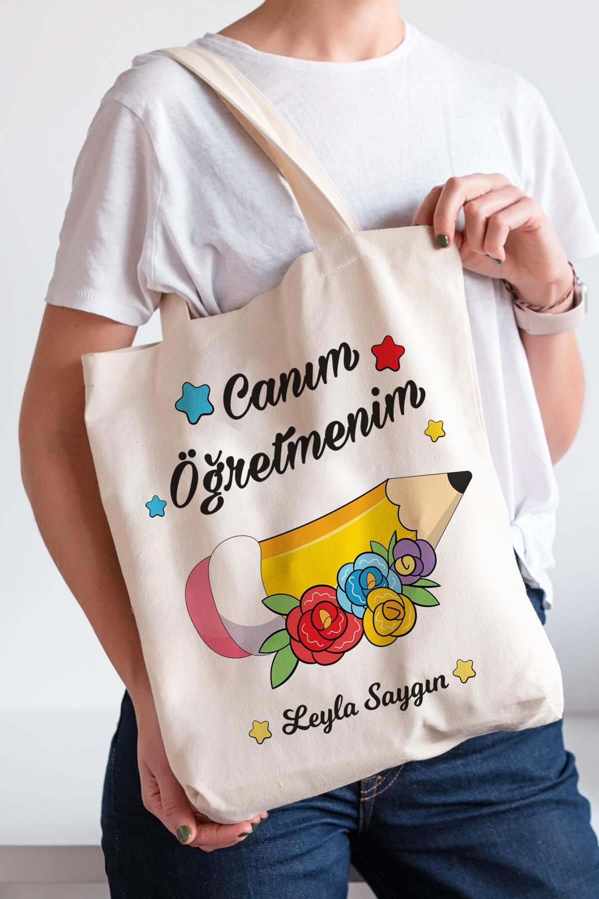 İsme Özel Bez Çanta Öğretmenler Günü Hediyesi Çiçekli Kalem 2