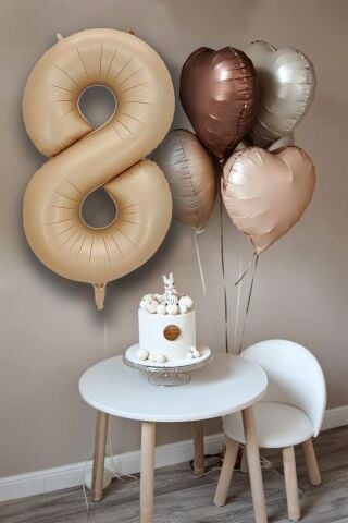 Retro Krem Karamel Kahve Kalpli Yaş Rakam Balon Seti Retro Doğum Günü Yaş Balon Seti 6