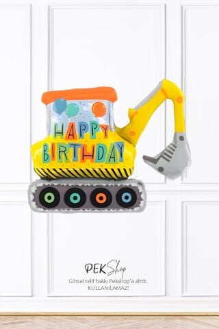 Happy Birthday Yazılı Büyük Kepçe Excavator Folyo Balon İnşaat Tema Ekskavatör Balon 100cm