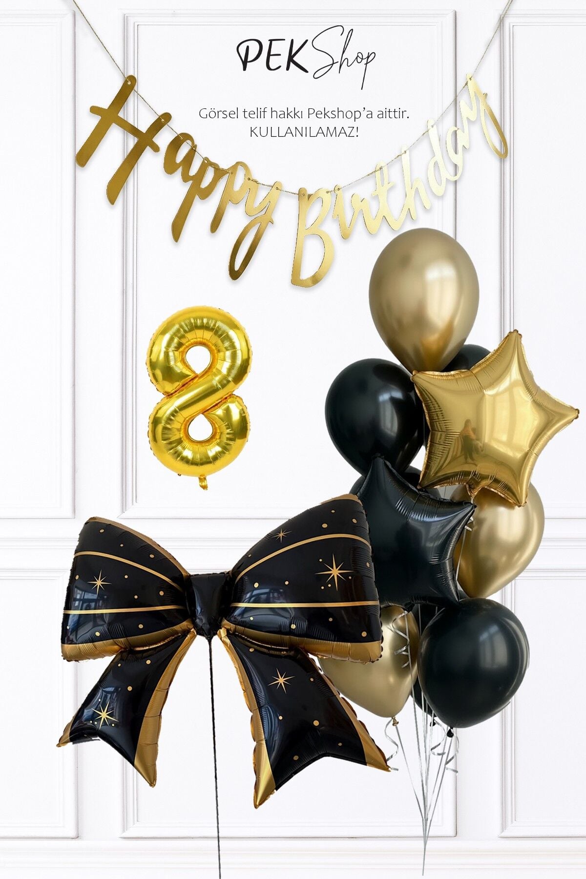 Siyah Gold Tema Fiyonk Yıldız Balonlu Bannerlı Doğum Günü Balon Seti 8