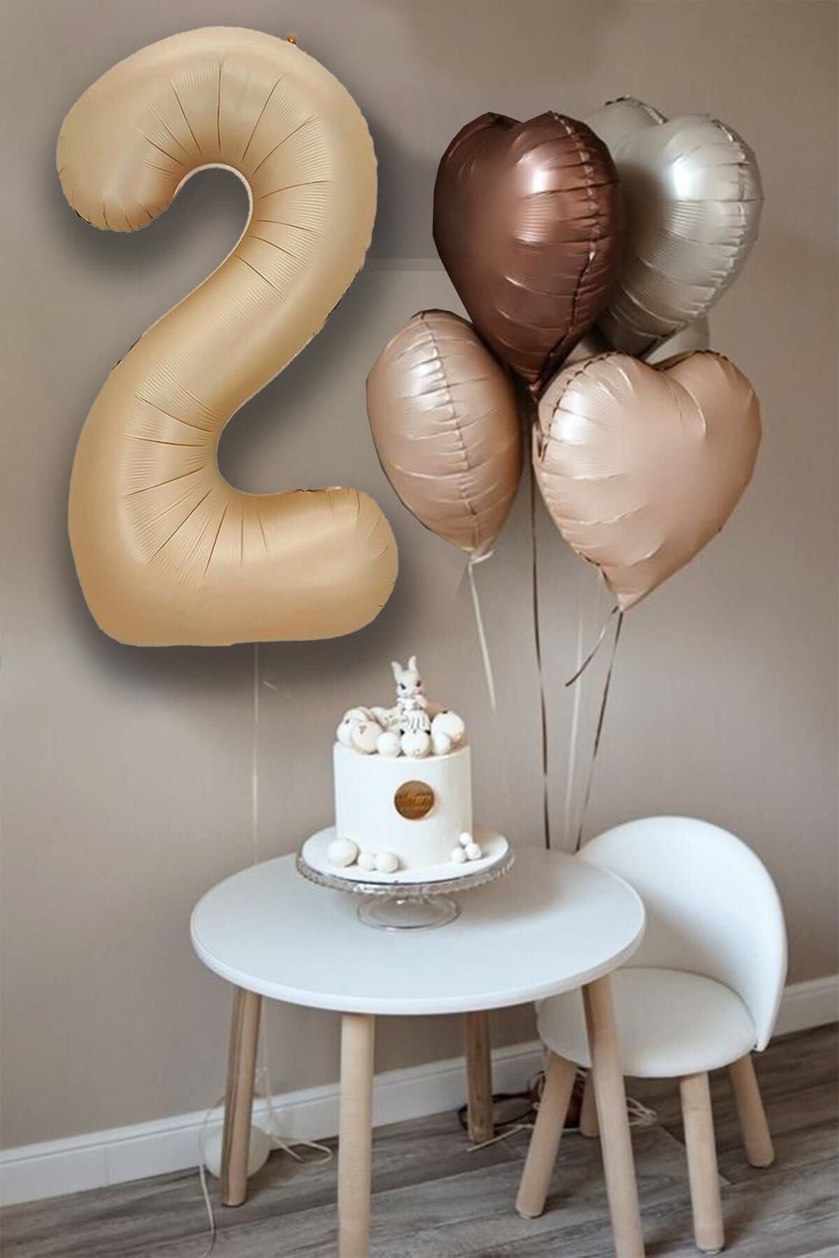 Retro Krem Karamel Kahve Kalpli Yaş Rakam Balon Seti Retro Doğum Günü Yaş Balon Seti 2