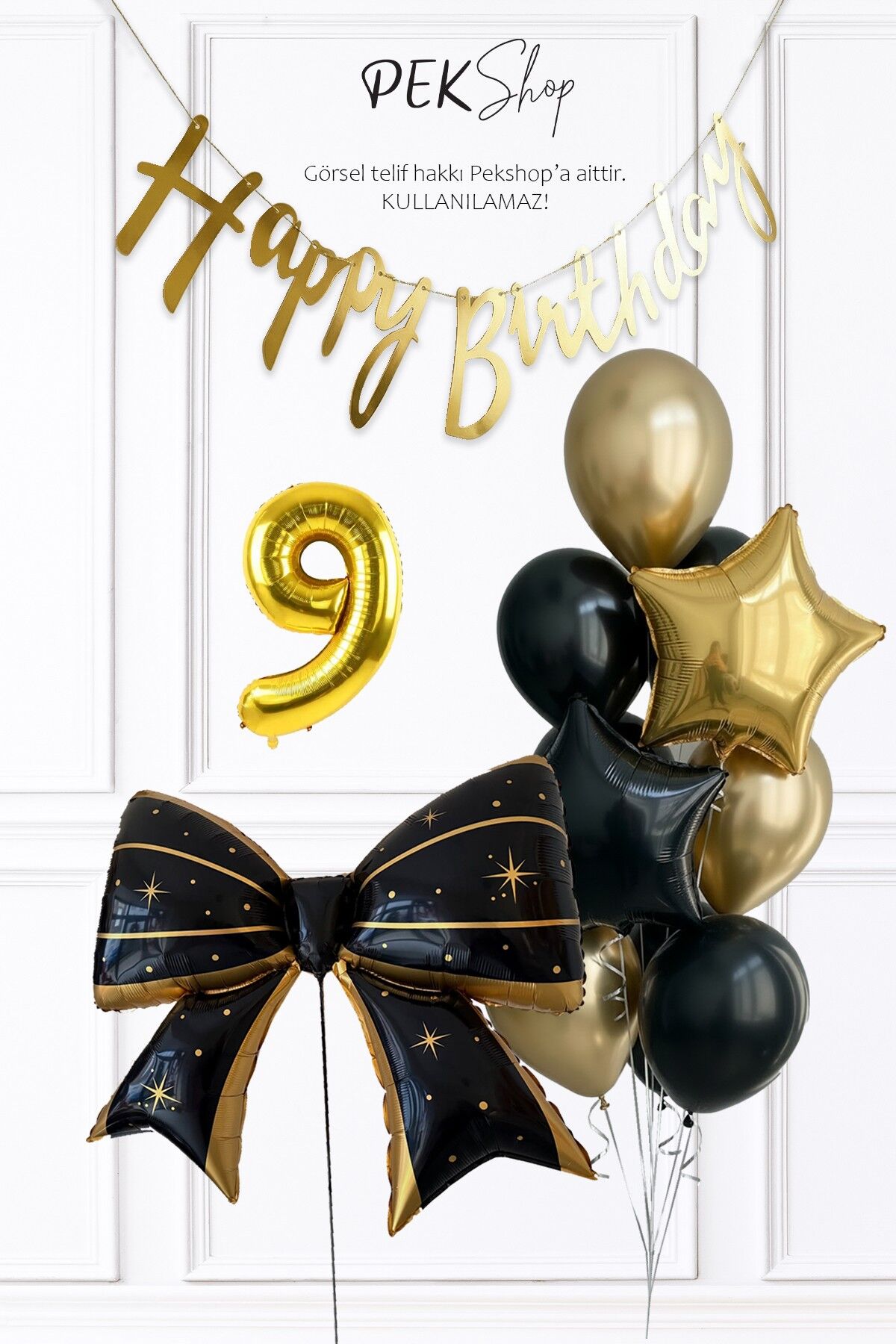 Siyah Gold Tema Fiyonk Yıldız Balonlu Bannerlı Doğum Günü Balon Seti 9