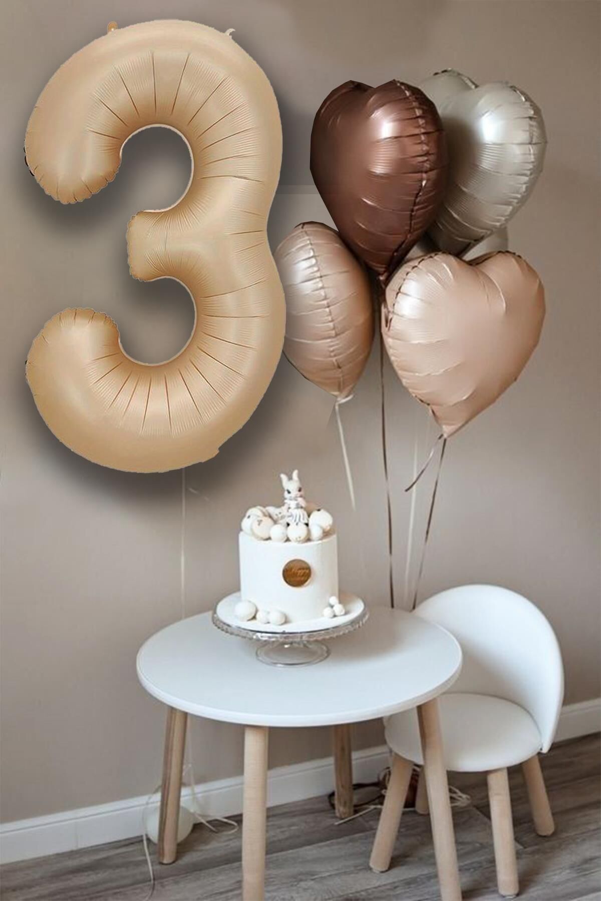 Retro Krem Karamel Kahve Kalpli Yaş Rakam Balon Seti Retro Doğum Günü Yaş Balon Seti 3