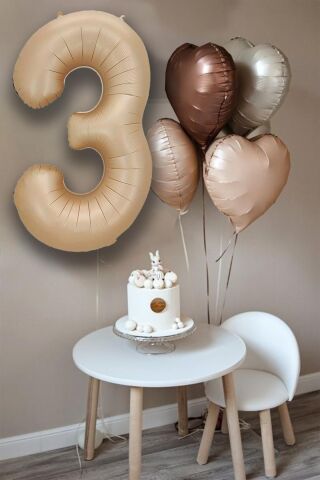 Retro Krem Karamel Kahve Kalpli Yaş Rakam Balon Seti Retro Doğum Günü Yaş Balon Seti 3