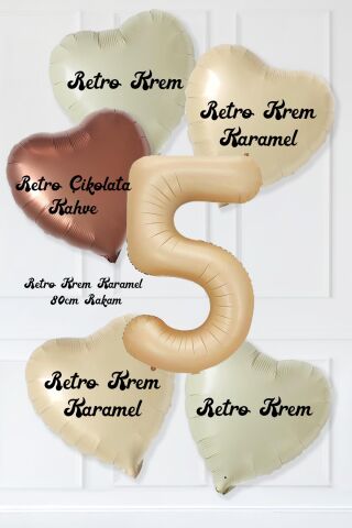 Retro Krem Karamel Kahve Kalpli Yaş Rakam Balon Seti Retro Doğum Günü Yaş Balon Seti 5