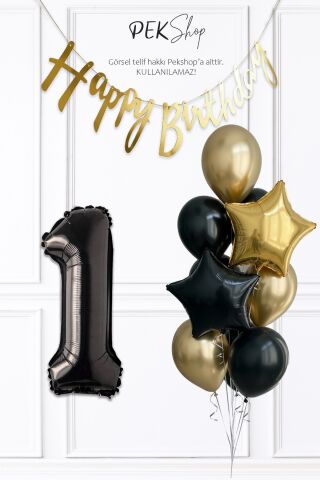 Siyah Rakam Balonlu Siyah Gold Tema Bannerlı Doğum Günü Balon Seti Set238 1