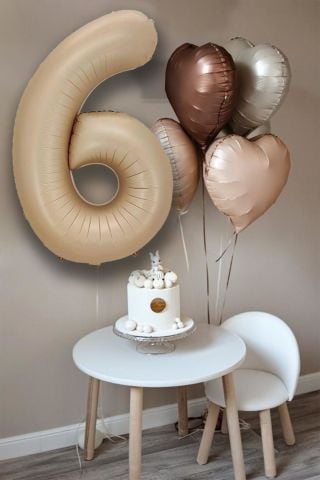 Retro Krem Karamel Kahve Kalpli Yaş Rakam Balon Seti Retro Doğum Günü Yaş Balon Seti 6