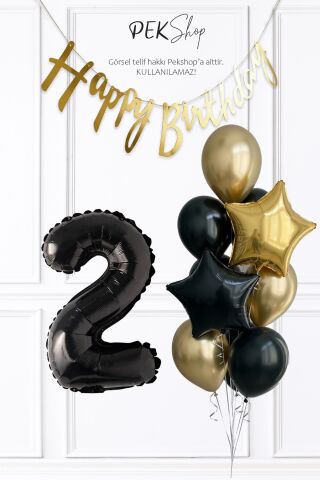 Siyah Rakam Balonlu Siyah Gold Tema Bannerlı Doğum Günü Balon Seti Set238 2