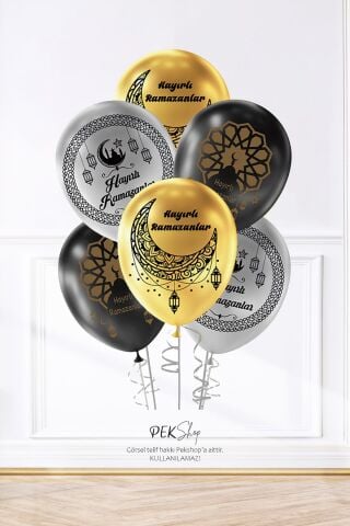 Metalik Renkler Ramazan Desen Baskılı 12inç Hoşgeldin Ramazan Balonları 10lu Paket