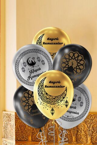 Metalik Renkler Ramazan Desen Baskılı 12inç Hoşgeldin Ramazan Balonları 10lu Paket