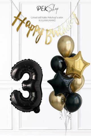 Siyah Rakam Balonlu Siyah Gold Tema Bannerlı Doğum Günü Balon Seti Set238 3