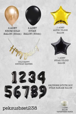 Siyah Rakam Balonlu Siyah Gold Tema Bannerlı Doğum Günü Balon Seti Set238 3