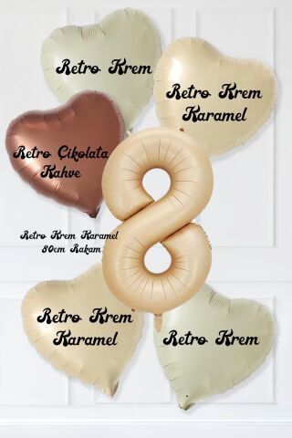 Retro Krem Karamel Kahve Kalpli Yaş Rakam Balon Seti Retro Doğum Günü Yaş Balon Seti 8