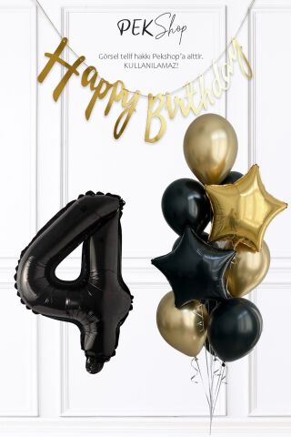 Siyah Rakam Balonlu Siyah Gold Tema Bannerlı Doğum Günü Balon Seti Set238 4