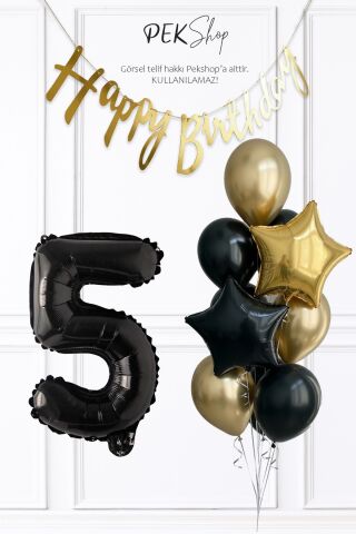 Siyah Rakam Balonlu Siyah Gold Tema Bannerlı Doğum Günü Balon Seti Set238 5