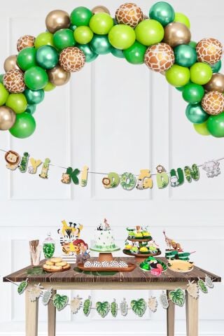 Safari Doğum Günü Balon Zinciri Yeşil Gold Safari Banner Evde Süsleme Seti
