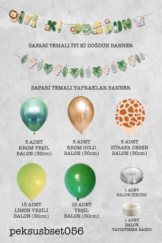 Safari Doğum Günü Balon Zinciri Yeşil Gold Safari Banner Evde Süsleme Seti