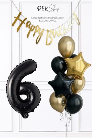 Siyah Rakam Balonlu Siyah Gold Tema Bannerlı Doğum Günü Balon Seti Set238 6