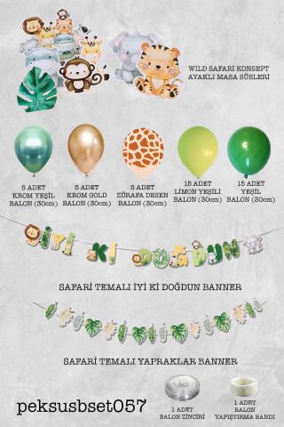 Safari Doğum Günü Parti Paketi Yeşil Gold Balon Zinciri Safari Ayaklı Pano ve Banner Set