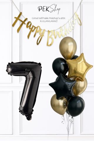 Siyah Rakam Balonlu Siyah Gold Tema Bannerlı Doğum Günü Balon Seti Set238 7