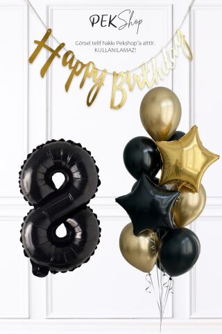 Siyah Rakam Balonlu Siyah Gold Tema Bannerlı Doğum Günü Balon Seti Set238 8