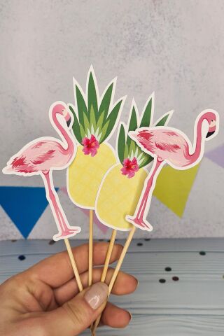 Flamingo Konsept Kürdan Süsleri Cupcake Süsleri Lüks Büyük Boy 10lu Paket