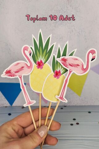 Flamingo Konsept Kürdan Süsleri Cupcake Süsleri Lüks Büyük Boy 10lu Paket