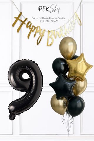 Siyah Rakam Balonlu Siyah Gold Tema Bannerlı Doğum Günü Balon Seti Set238 9