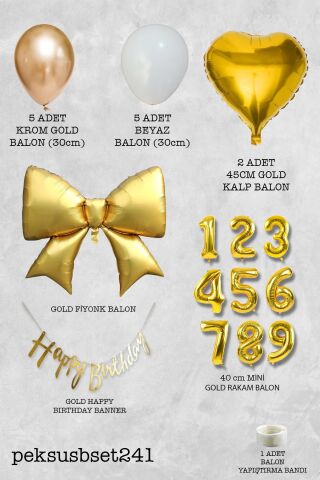 Gold Fiyonk Balonlu Altın Beyaz Tema Gold Bannerlı Doğum Günü Süsleme Balon Seti Set241