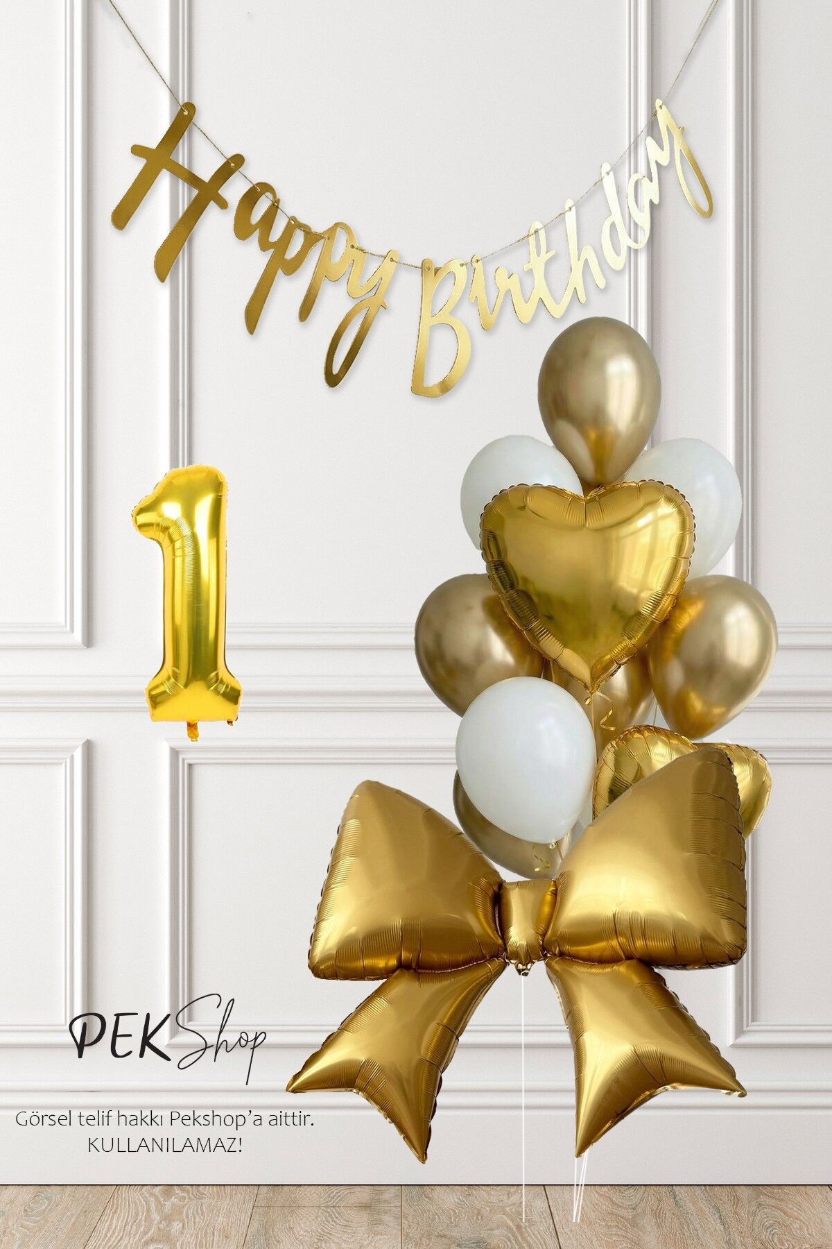 Gold Fiyonk Balonlu Altın Beyaz Tema Gold Bannerlı Doğum Günü Süsleme Balon Seti Set241 1