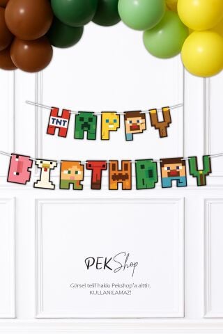 Minecraft Happy Birthday Banner Parti Süsleri İpe Dizili Duvar Süsü