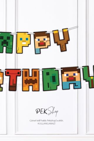 Minecraft Happy Birthday Banner Parti Süsleri İpe Dizili Duvar Süsü