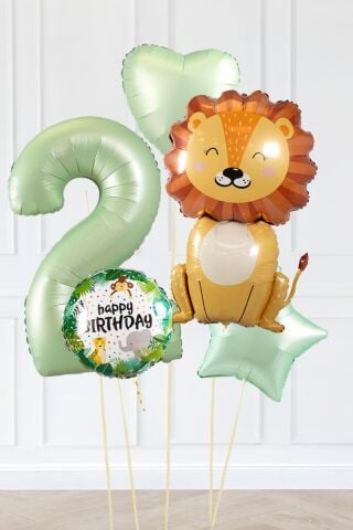 Safari Tema Doğum Günü Yaş Balonlu Retro Yeşil Safari Balonları Sevimli Aslan Balonlu Set 4