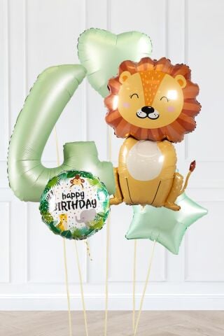 Safari Tema Doğum Günü Yaş Balonlu Retro Yeşil Safari Balonları Sevimli Aslan Balonlu Set 4