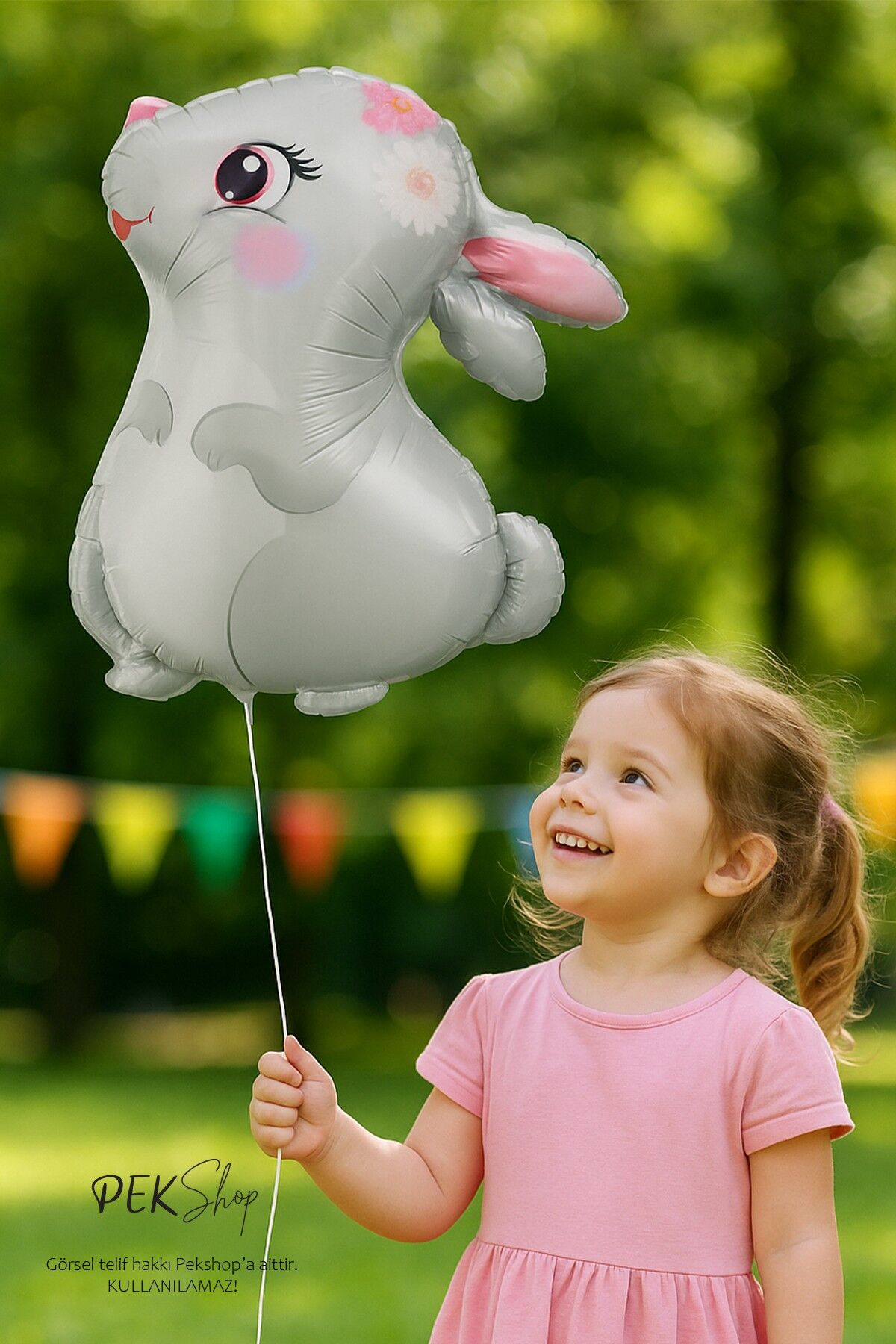 Sevimli Tavşan Çiçekli Model Tavşan Folyo Balon