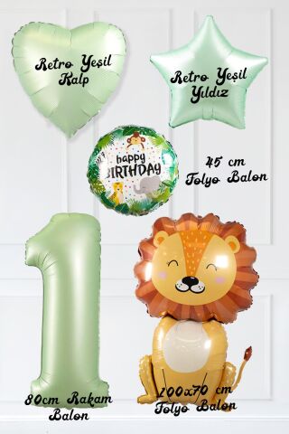 Safari Tema Doğum Günü Yaş Balonlu Retro Yeşil Safari Balonları Sevimli Aslan Balonlu Set 1