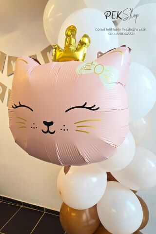 Gold Taçlı Pembe Kedi Folyo Balon