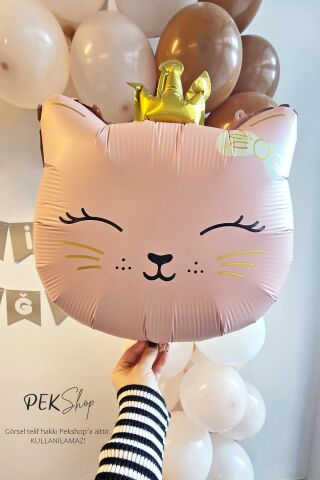 Gold Taçlı Pembe Kedi Folyo Balon