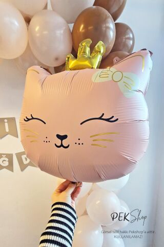Gold Taçlı Pembe Kedi Folyo Balon